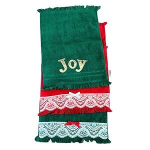 Cannon Christmas Hand Towels Vintage Green Red Joy Lace Made In USA Lot Of 3